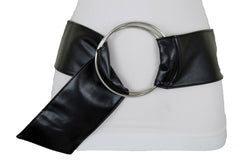 Women Black Fabric Fashion Belt Big Silver Metal Ring Charm Buckle Size S M L
