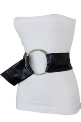 Women Black Fabric Fashion Belt Big Silver Metal Ring Charm Buckle Size S M L