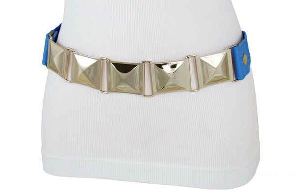 Blue Color Stretch Bling Belt Gold Metal Square Buckle Hip Waist New Women Accessories Size S M