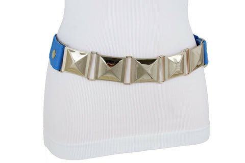 Blue Color Stretch Bling Belt Gold Metal Square Buckle Hip Waist New Women Accessories Size S M