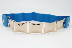 Blue Color Stretch Bling Belt Gold Metal Square Buckle Hip Waist Size S M