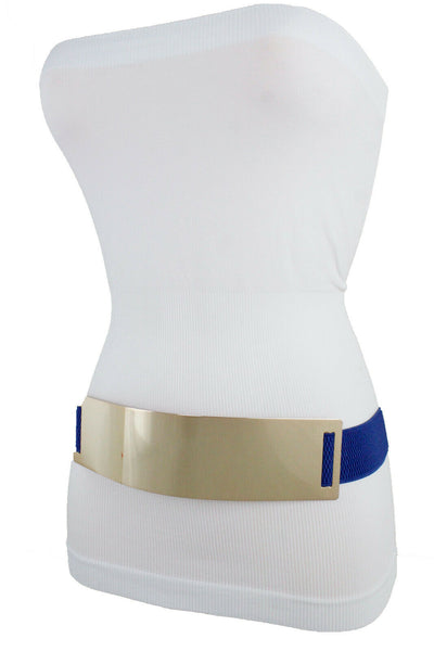 New Women Blue Waistband Elastic Fashion Belt Gold Metal Plate Buckle Hip Waist Size S M