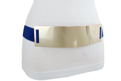 Women Blue Waistband Elastic Fashion Belt Gold Metal Plate Buckle Hip Waist Size S M