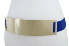 Women Blue Waistband Elastic Fashion Belt Gold Metal Plate Buckle Hip Waist Size S M