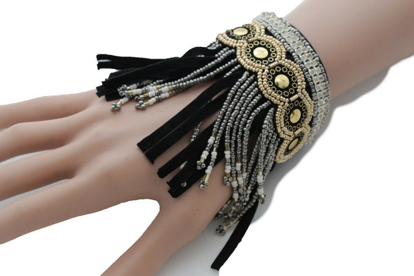 New Women Black Faux Suede Bracelet Wrap Around Beads Rhinestones Fashion Jewelry
