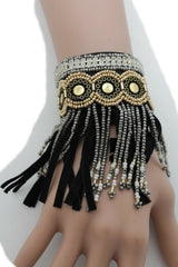 Women Black Faux Suede Bracelet Wrap Around Beads Rhinestones
