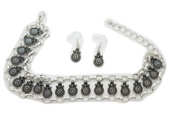 Women Choker Necklace Silver Metal Mayan Style Pendant Charm + Earring Set