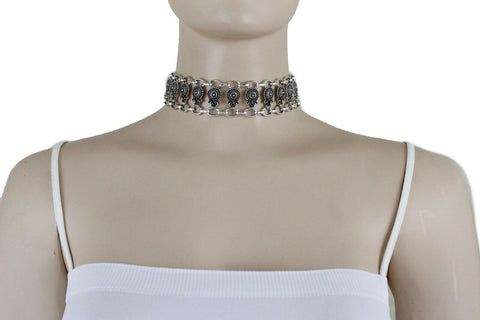 Women Choker Necklace Silver Metal Fashion Jewelry Mayan Style Pendant Charm + Earring Set