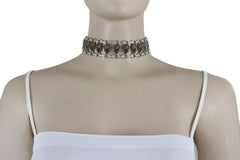 Women Choker Necklace Silver Metal Mayan Style Pendant Charm + Earring Set