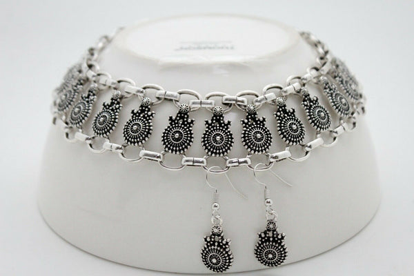 Women Choker Necklace Silver Metal Fashion Jewelry Mayan Style Pendant Charm + Earring Set