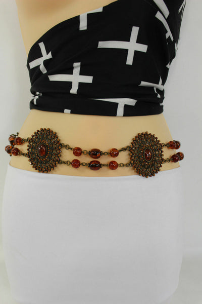 New Women Fabric Tie Belt Hip High Waist Brown Flowers Metal Chain Beads Fashion S - M