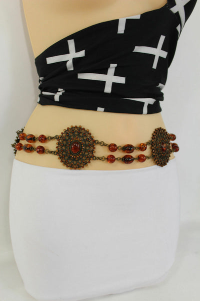 New Women Fabric Tie Belt Hip High Waist Brown Flowers Metal Chain Beads Fashion S - M