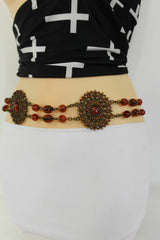 Women Fabric Tie Belt Hip High Waist Brown Flowers Metal Chain Beads Fashion S - M