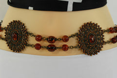 Women Fabric Tie Belt Hip High Waist Brown Flowers Metal Chain Beads Fashion S - M