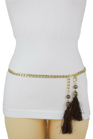 Women Fashion Belt Gold Metal Chain Hip Waist Long Brown Fringes Tassel XS S M