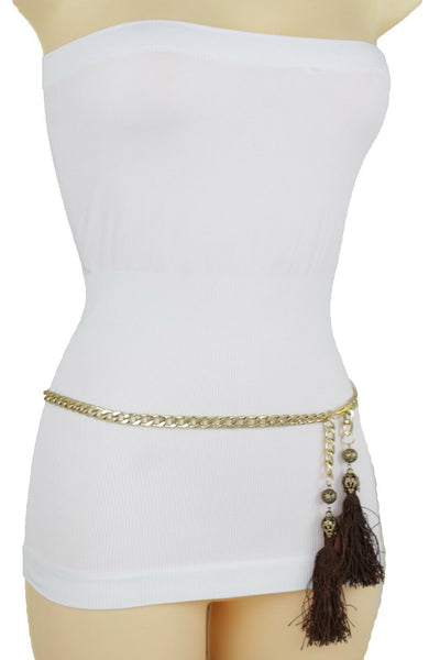 Women Fashion Belt Gold Metal Chain Hip Waist Long Brown Fringes Tassel XS S M