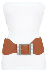 Women Brown Fashion Wide Stretch Band Belt Silver Square Buckle Size M L XL