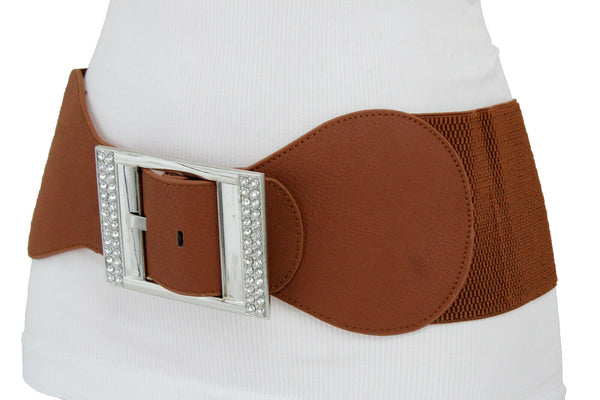 Women Brown Fashion Wide Stretch Band Belt Silver Square Buckle Size M L XL