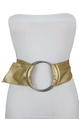 New Fashion Cute Women Gold Wide Fabric Band Belt Silver 2 big Rings Buckle S M L