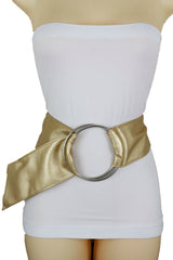 New Fashion Cute Women Gold Wide Fabric Band Belt Silver 2 big Rings Buckle S M L