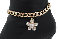 Iced Out Rhinestone Flower Charm Gold Metal Boot Chain