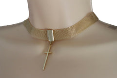 Women Gold Mesh Metal Short Fashion Skinny Choker Necklace Cross Charm Pendant