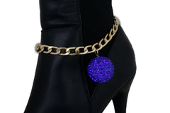 Gold Metal Chain Boot Bracelet Blue Disco Ball Shoe Charm
