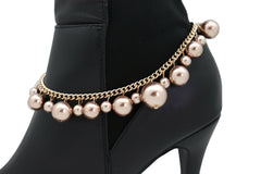 Gold Metal Chain Boot Bracelet Shoe Bronze Pearl Bead Charm