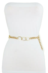 Women Gold Metal Chain Dressy Skinny Waistband Narrow Belt Hip Waist Size M L XL