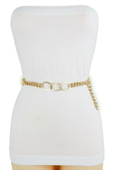 Women Gold Metal Chain Dressy Skinny Waistband Narrow Belt Hip Waist Size M L XL