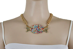 Women Gold Metal Chain Links Bulky Fashion Look Necklace Special Jewelry Candy