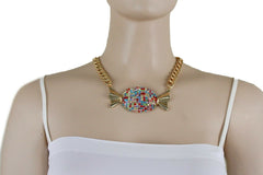 Women Gold Metal Chain Links Bulky Fashion Look Necklace Special Jewelry Candy