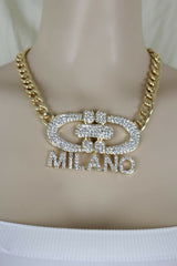 Women Gold Metal Chain Short Necklace Milano Italy Pendant Bling