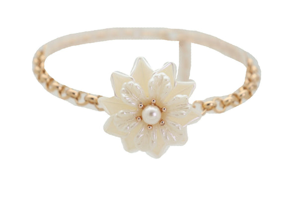 New Women Accessories Gold Metal Chain Boot Bracelet Anklet Shoe Cream Bead Flower Charm Fashion