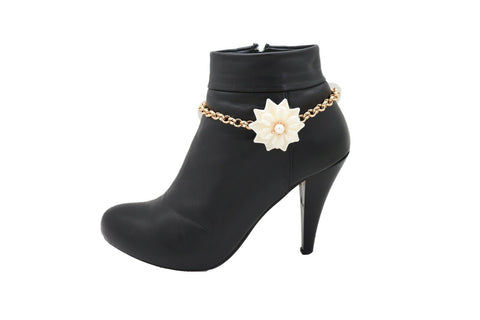 New Women Accessories Gold Metal Chain Boot Bracelet Anklet Shoe Cream Bead Flower Charm Fashion