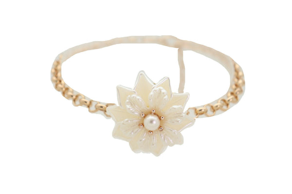 New Women Accessories Gold Metal Chain Boot Bracelet Anklet Shoe Cream Bead Flower Charm Fashion