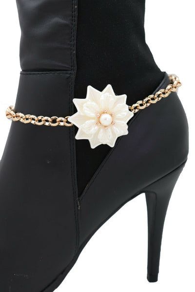 New Women Accessories Gold Metal Chain Boot Bracelet Anklet Shoe Cream Bead Flower Charm Fashion