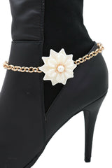 Gold Metal Chain Boot Bracelet Anklet Shoe Cream Bead Flower Charm Fashion