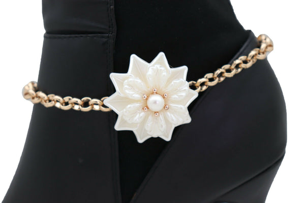 New Women Accessories Gold Metal Chain Boot Bracelet Anklet Shoe Cream Bead Flower Charm Fashion