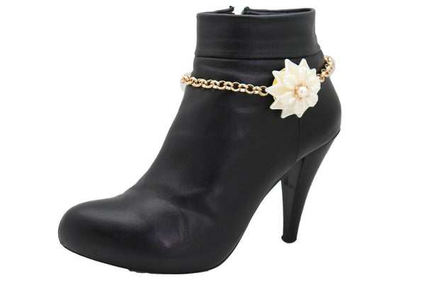 New Women Accessories Gold Metal Chain Boot Bracelet Anklet Shoe Cream Bead Flower Charm Fashion