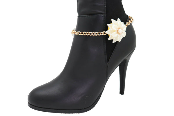 New Women Accessories Gold Metal Chain Boot Bracelet Anklet Shoe Cream Bead Flower Charm Fashion