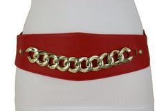 Red High Waist Hip Corset Elastic Belt Gold Chain Link Belt S M