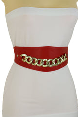 Red High Waist Hip Corset Elastic Belt Gold Chain Link Belt S M