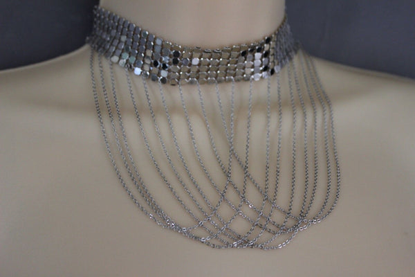 Women Silver Mesh Metal Wide Choker Short Necklace Fashion Jewelry Multi Chains Drape