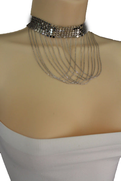 Women Silver Mesh Metal Wide Choker Short Necklace Fashion Jewelry Multi Chains Drape