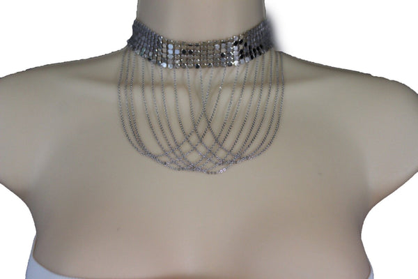 Women Silver Mesh Metal Wide Choker Short Necklace Fashion Jewelry Multi Chains Drape