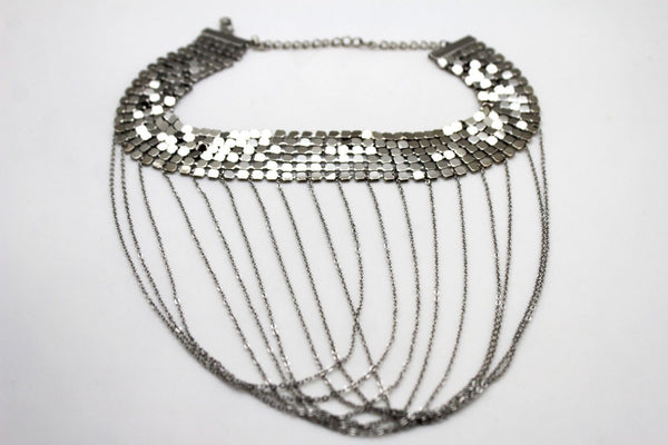Women Silver Mesh Metal Wide Choker Short Necklace Fashion Jewelry Multi Chains Drape