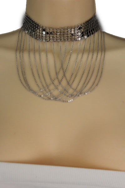 Women Silver Mesh Metal Wide Choker Short Necklace Fashion Jewelry Multi Chains Drape