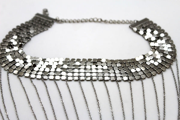 Women Silver Mesh Metal Wide Choker Short Necklace Fashion Jewelry Multi Chains Drape