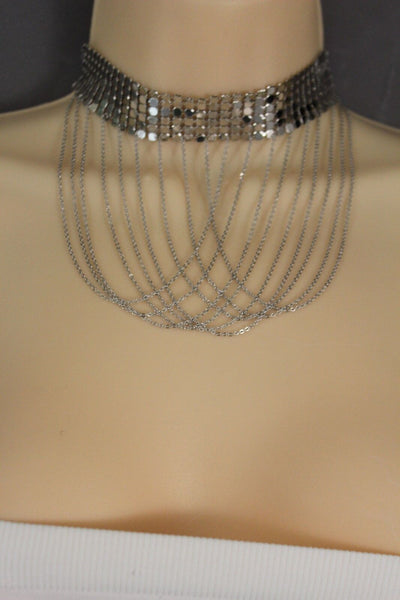 Women Silver Mesh Metal Wide Choker Short Necklace Fashion Jewelry Multi Chains Drape